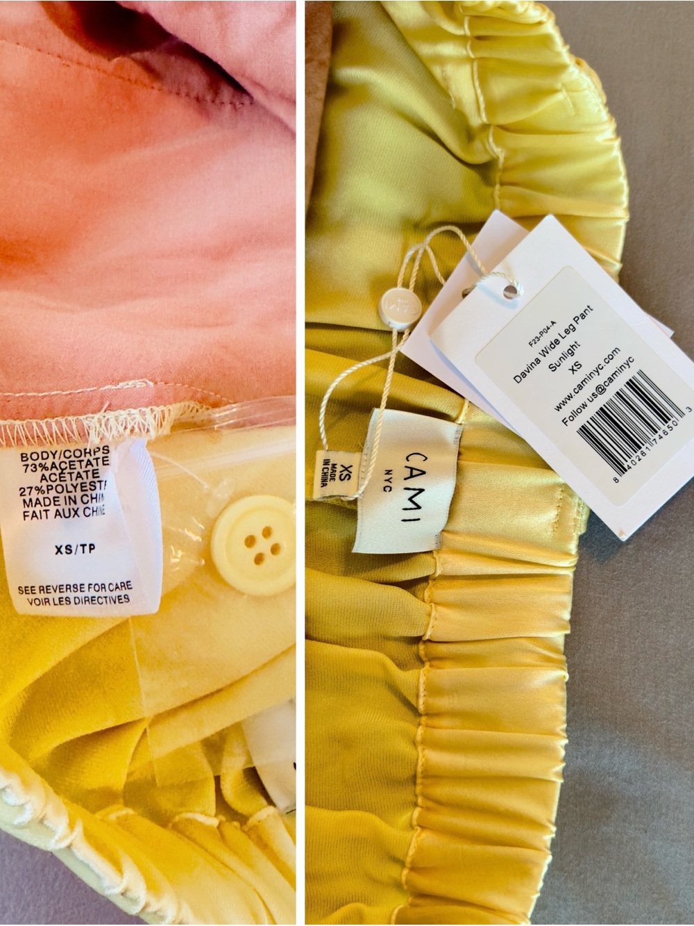 CAMI NYC Davina Sunlight Pale Yellow Wide Leg Satin Trousers Flowy & Silky Pants - Picture 14 of 16